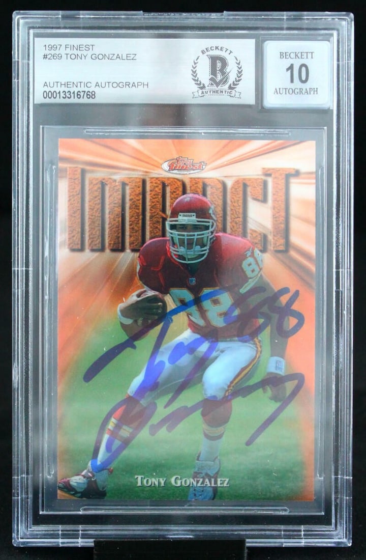 Tony Gonzalez 1997 Finest 269 rookie autograph card Chiefs BGS 10: Tony Gonzalez 1997 Finest 269 rookie autograph card Chiefs BGS 10 1997 Finest Tony Gonzalez Kansas City Chiefs sports trading card, featuring a rookie autograph. The card is graded BGS 10 and identifi