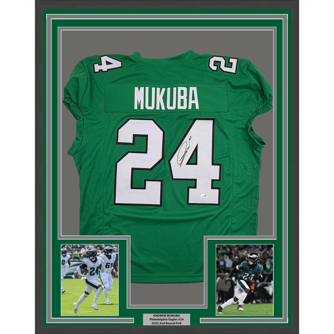 Andrew Mukuba signed framed Philadelphia Eagles Kelly green jersey JSA (1 of 2)