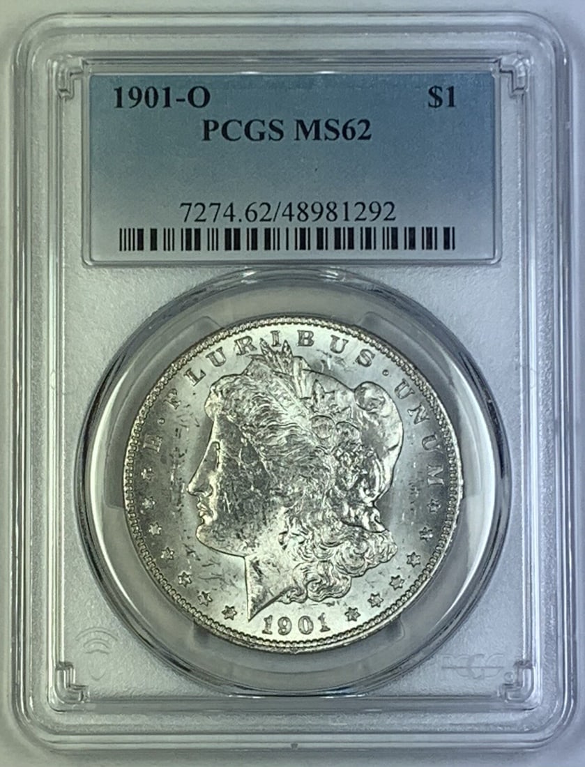 PCGS MS 62 1901-O Morgan Silver Dollar $1 Coin: PCGS MS 62 1901-O Morgan Silver Dollar $1 Coin This is a 1901-O Morgan Silver Dollar coin, certified by PCGS with a grade of MS 62. Struck in silver, this uncirculated coin originates from the United 