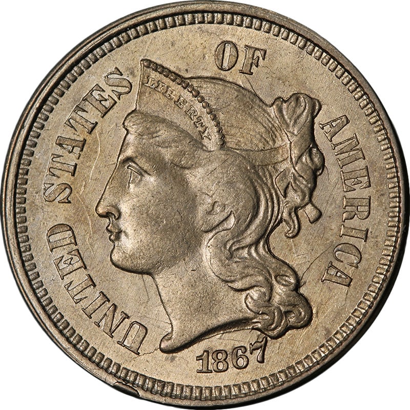 1867 US 3 Cent Nickel Uncertified Choice BU Coin (1 of 2)
