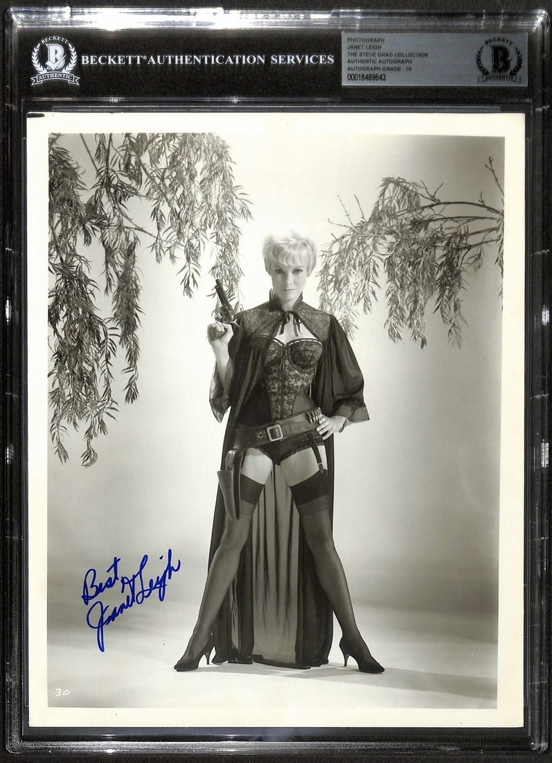 Janet Leigh Signed 8x10 Photo Beckett BAS Auto Grade 10: Janet Leigh Signed 8x10 Photo Beckett BAS Auto Grade 10 Pre-owned 8x10 black-and-white promotional photograph signed by Janet Leigh in bold blue ink. The autograph is authenticated and encapsulated by