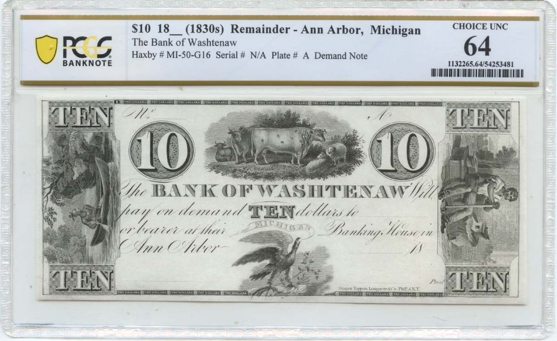 Bank of Washtenaw Ann Arbor MI 1830s 10 Dollar Obsolete Note PCGS CU64 (1 of 2)