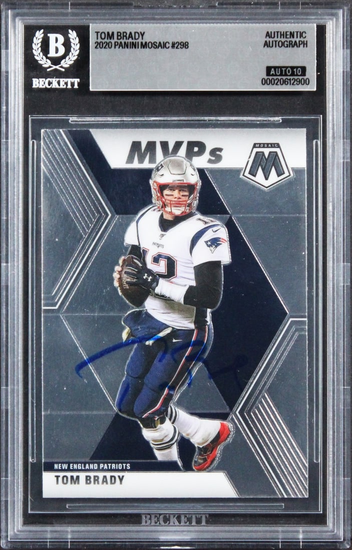 Beckett authenticated Tom Brady 2020 Panini Mosaic 298 autograph card: Beckett authenticated Tom Brady 2020 Panini Mosaic 298 autograph card Original 2020 Panini Mosaic #298 football card featuring Tom Brady of the New England Patriots. The card is signed by Tom Brady an