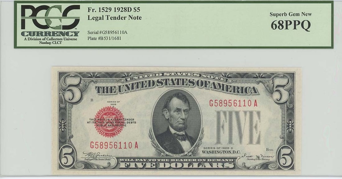 1928D $5 Legal Tender FR#1529 PCGS 68 Superb Gem Rare Note: 1928D $5 Legal Tender FR#1529 PCGS 68 Superb Gem Rare Note This 1928D $5 Legal Tender Note (FR#1529) is graded as a Superb Gem by PCGS, boasting a grade of MS68. It is an uncirculated piece, ensuring 