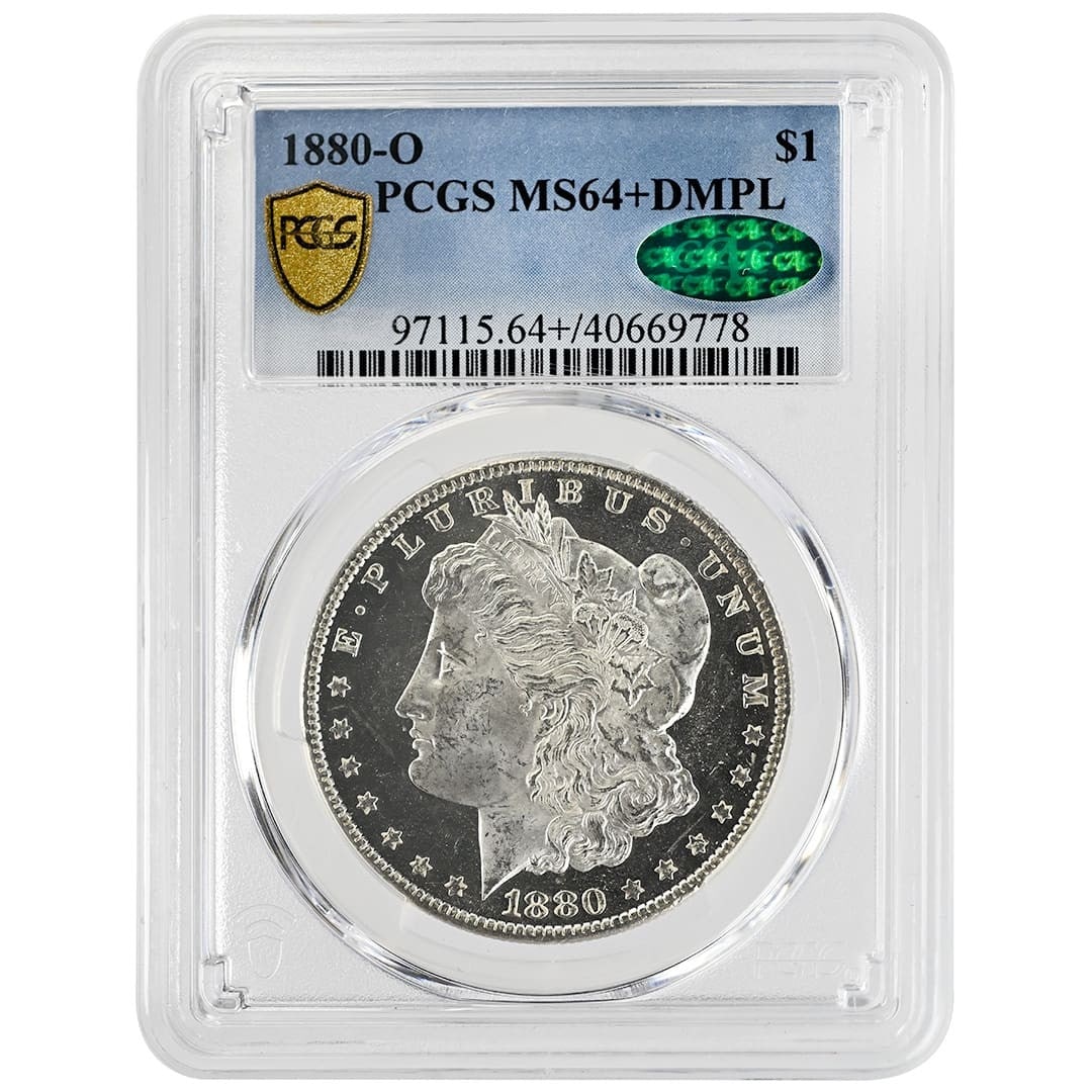 PCGS MS64+DMPL CAC 1880 O Morgan $1 Silver Dollar: PCGS MS64+DMPL CAC 1880 O Morgan $1 Silver Dollar 1880-O Morgan Silver Dollar with a Deep Mirror Proof-Like strike designation, graded PCGS MS64+DMPL and CAC approved. This pre-owned United States sil