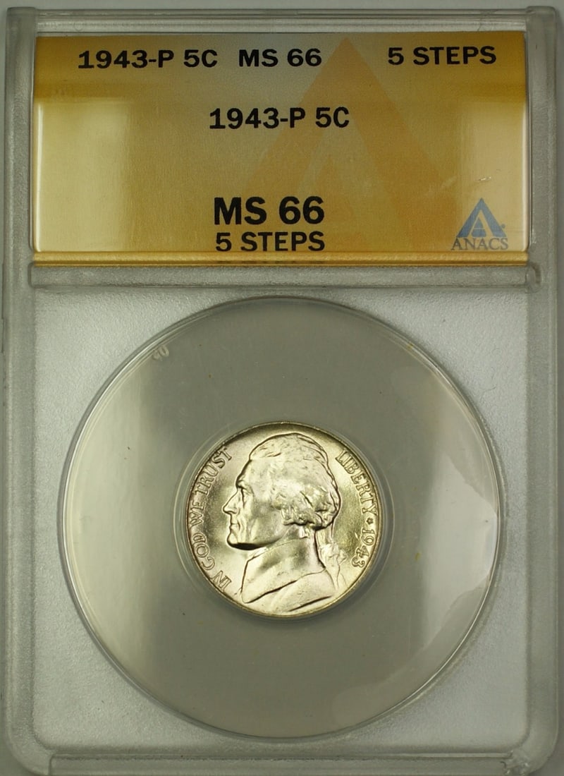 ANACS MS 66 1943 P Jefferson Wartime Silver Nickel 5 Steps: ANACS MS 66 1943 P Jefferson Wartime Silver Nickel 5 Steps 1943-P Jefferson wartime silver nickel 5c coin from the United States, graded MS-66 by ANACS with a 5 Steps designation. This uncirculated ex
