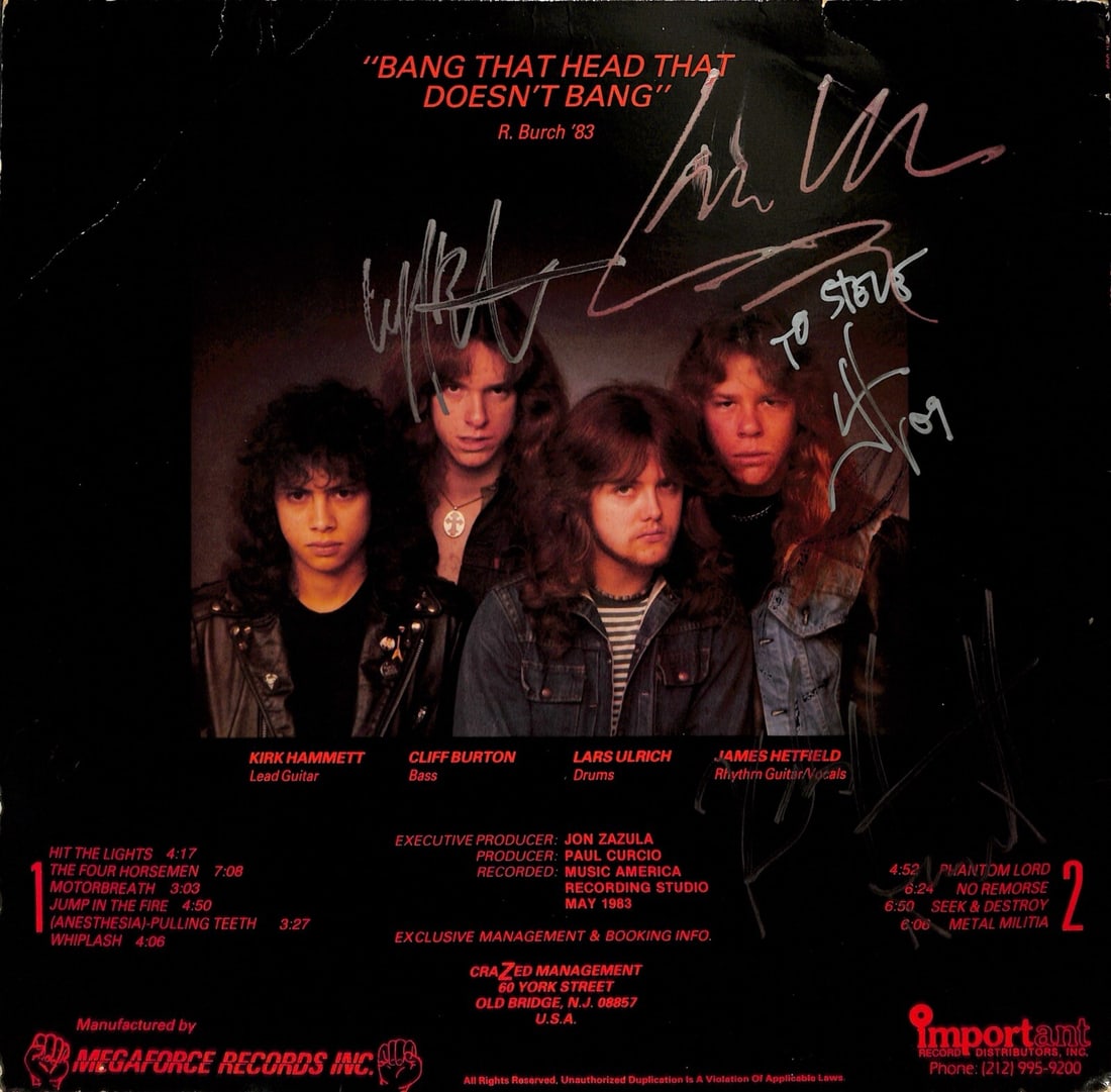 Beckett Certified Metallica Kill Em All Album Signed by 4 Band Members: Beckett Certified Metallica Kill Em All Album Signed by 4 Band Members Original pressing of Metallica's debut album, Kill 'Em All, signed by Cliff Burton, James Hetfield, Lars Ulrich, and Kirk Hammett