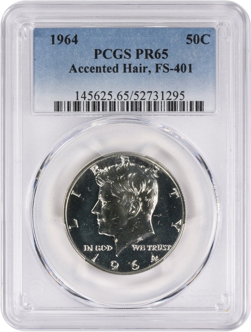 PCGS PR65 1964 Kennedy Accented Hair FS-401 Proof Half Dollar: PCGS PR65 1964 Kennedy Accented Hair FS-401 Proof Half Dollar 1964 Kennedy Half Dollar Accented Hair FS-401 proof coin certified by PCGS as PR65. This pre-owned example is an uncirculated 50C issue st
