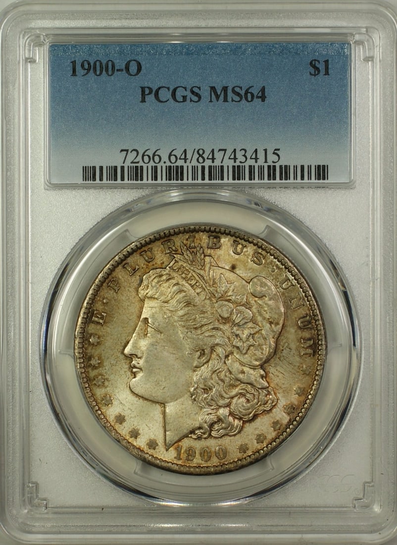 PCGS MS-64 1900-O Morgan $1 Silver Dollar with Toning: PCGS MS-64 1900-O Morgan $1 Silver Dollar with Toning This 1900-O Morgan Silver Dollar is graded MS-64 by PCGS and features attractive toning on both the obverse and reverse. Struck at the New Orleans