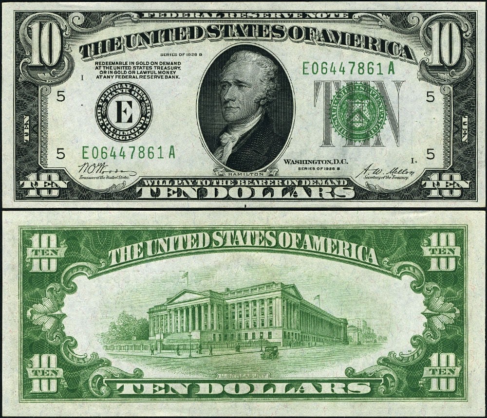 1928-B $10 Richmond Federal Reserve Note Fr. 2002 E-A Block Choice CU+: 1928-B $10 Richmond Federal Reserve Note Fr. 2002 E-A Block Choice CU+ 1928-B $10 Federal Reserve Note from the Richmond district, E-A block, offered in Choice CU+ uncirculated grade. This pre-owned n