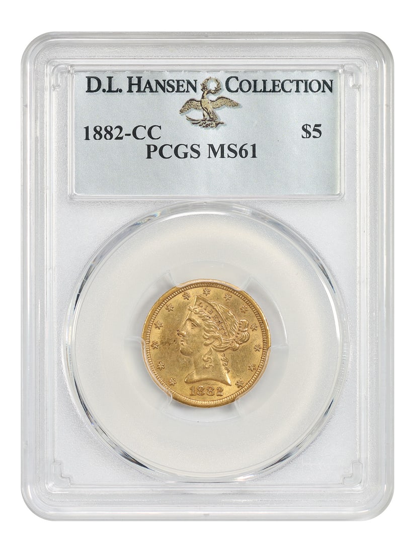 PCGS MS61 1882-CC Liberty Head $5 Gold Coin ex D.L. Hansen: PCGS MS61 1882-CC Liberty Head $5 Gold Coin ex D.L. Hansen 1882-CC Liberty Head $5 gold coin graded PCGS MS61 and pedigreed ex: D.L. Hansen. An elusive Carson City issue in uncirculated condition, fro