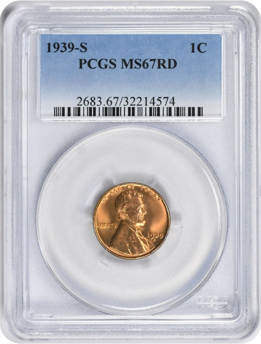 1939-S Lincoln Cent MS67RD Certified PCGS Uncirculated Wheat Design (1 of 2)