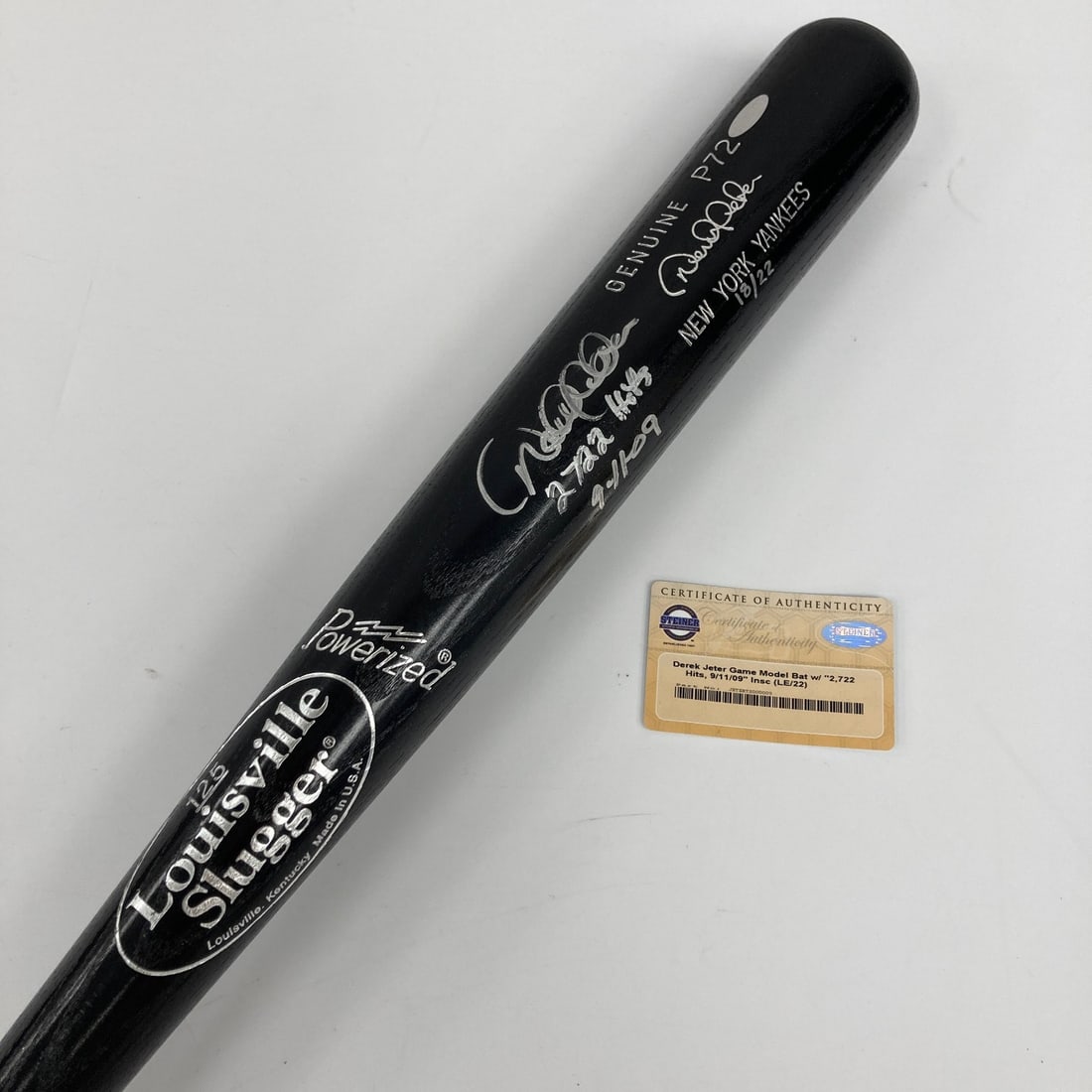 Signed Derek Jeter Louisville Slugger bat 18 of 22 Steiner COA: Signed Derek Jeter Louisville Slugger bat 18 of 22 Steiner COA This limited-edition Derek Jeter signature-model Louisville Slugger bat commemorates his achievement as the Yankees' all-time hit leader.