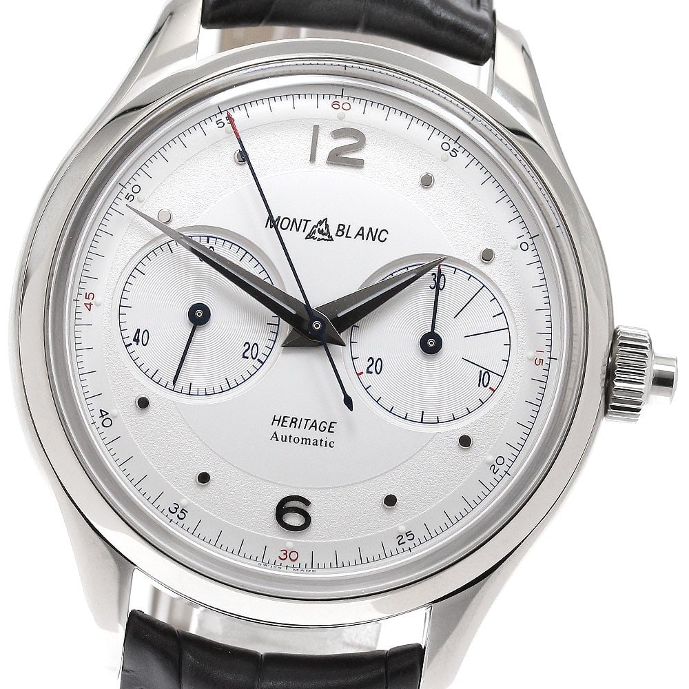 Montblanc Heritage Monopusher Automatic Chronograph Mens Wristwatch Ref 7494 119951: Montblanc Heritage Monopusher Automatic Chronograph Mens Wristwatch Ref 7494 119951 Montblanc Heritage Monopusher Chronograph automatic men's wristwatch with a silver dial and stainless steel case. Th