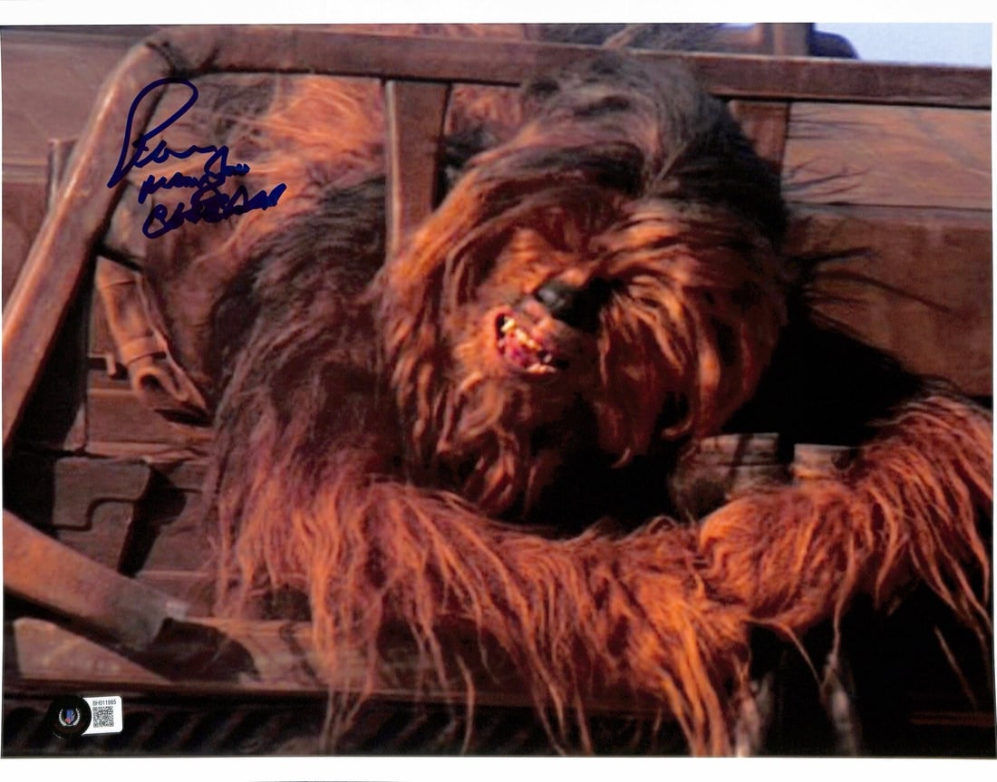 11x14 Star Wars Jabba's Skiff Photo Signed by Peter Mayhew Chewbacca Beckett Authenticated: 11x14 Star Wars Jabba's Skiff Photo Signed by Peter Mayhew Chewbacca Beckett Authenticated This is an original 11x14 inch photograph signed by Peter Mayhew, known for his role as Chewbacca in the Star