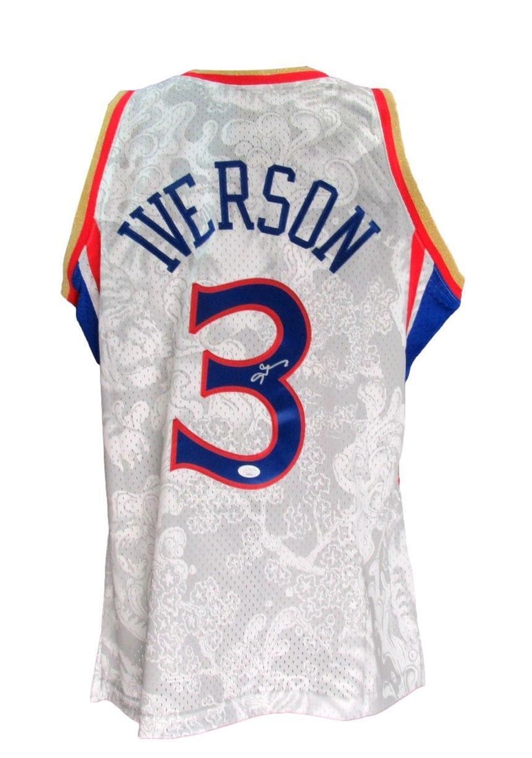 Allen Iverson HOF Autographed 1996-97 Lunar Jersey 76ers JSA Certified: Allen Iverson HOF Autographed 1996-97 Lunar Jersey 76ers JSA Certified Celebrate the legacy of Allen Iverson with this Hall of Fame autographed Philadelphia 76ers jersey. This gray printed Mitchell & 