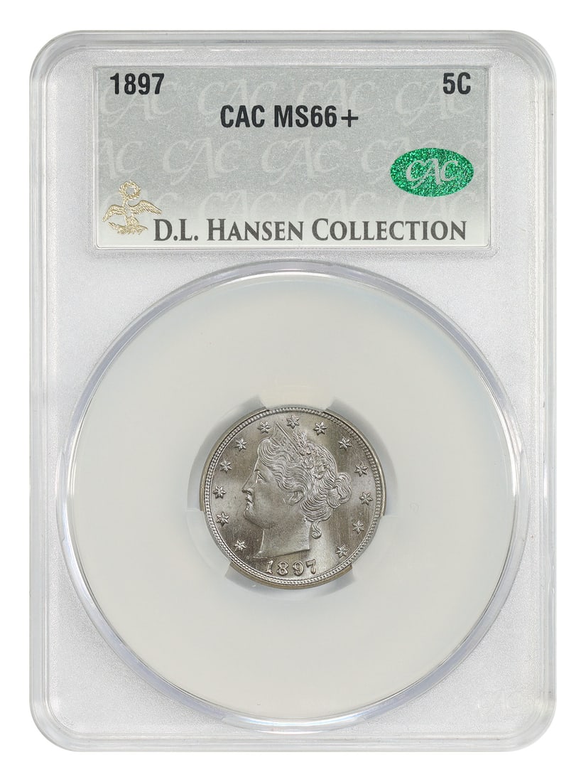 CACG MS66+ 1897 Liberty Nickel 5C ex D.L. Hansen: CACG MS66+ 1897 Liberty Nickel 5C ex D.L. Hansen 1897 Liberty Nickel certified by CACG as MS66+ and noted ex: D.L. Hansen. This uncirculated example is described as an outstanding gem with smooth, vib