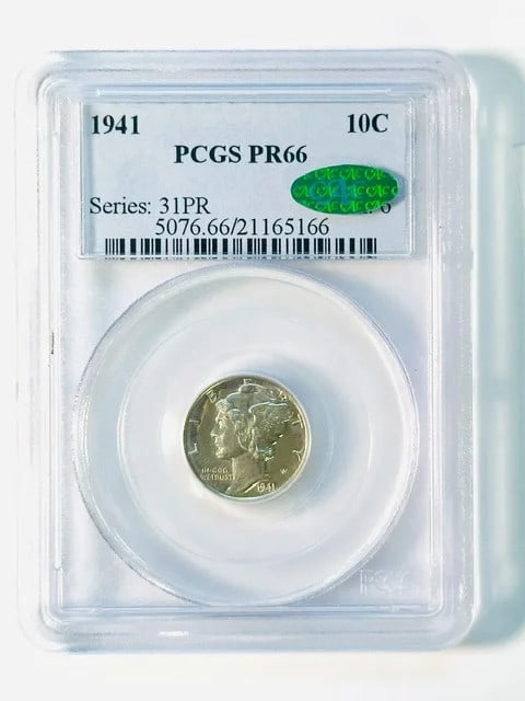 PCGS PR66 CAC 1941 Mercury Dime Proof Philadelphia Silver 10C: PCGS PR66 CAC 1941 Mercury Dime Proof Philadelphia Silver 10C 1941 Mercury dime proof coin graded PR-66 by PCGS and approved by CAC. This pre-owned silver 10-cent piece was struck in Philadelphia and 
