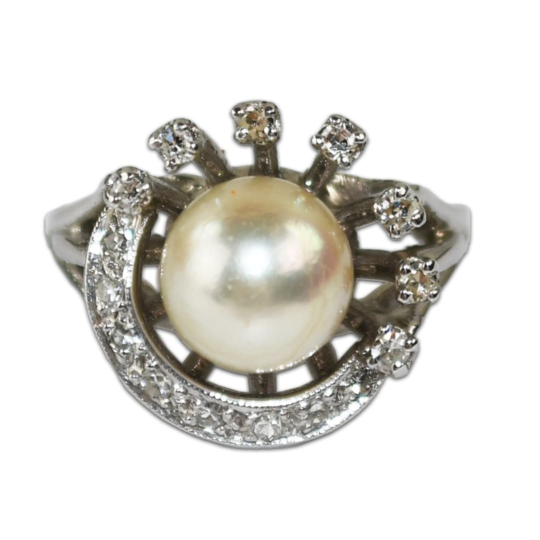 Vintage 13K White Gold Pearl Diamond Cocktail Ring Size 3.25 (1 of 7)