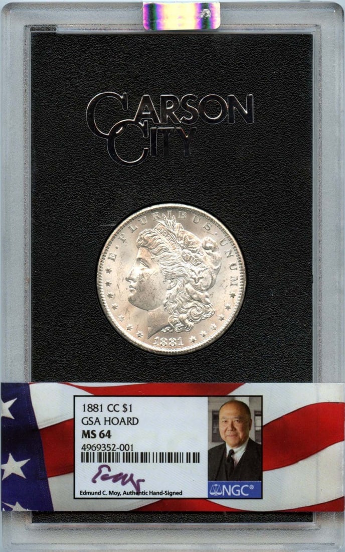 NGC MS64 1881 Carson City Morgan Dollar GSA Hoard May Director Label: NGC MS64 1881 Carson City Morgan Dollar GSA Hoard May Director Label This is an 1881-CC Morgan Dollar from the GSA Hoard, certified by NGC with a grade of MS64. The coin is uncirculated and features t