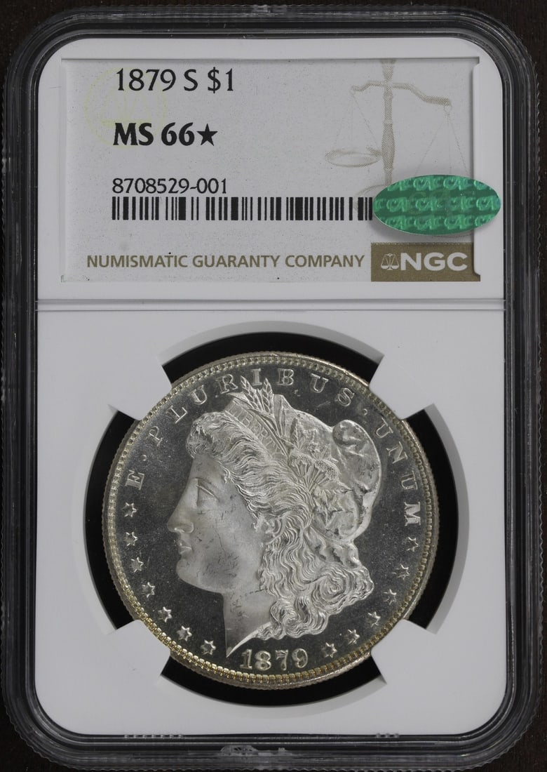NGC CAC 1879-S Morgan Silver Dollar $1 MS66 Star DMPL Obverse: NGC CAC 1879-S Morgan Silver Dollar $1 MS66 Star DMPL Obverse 1879-S Morgan Silver Dollar with an MS 66 grade and STAR CAC designation. This pre-owned coin is uncirculated and certified by NGC and CAC