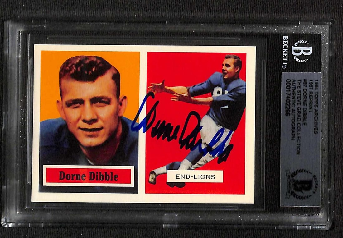 Beckett Authenticated Dorne Dibble 1957 Topps Reprint Lions Autograph Card: Beckett Authenticated Dorne Dibble 1957 Topps Reprint Lions Autograph Card This is a 1957 Topps Reprint football trading card featuring Detroit Lions player Dorne Dibble. The card has been signed by D