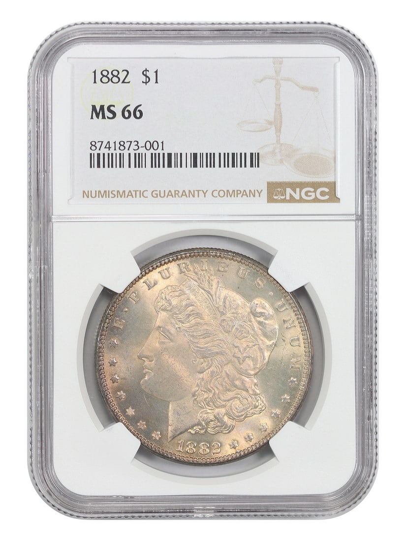 NGC MS66 1882 Morgan Silver Dollar $1 Philadelphia: NGC MS66 1882 Morgan Silver Dollar $1 Philadelphia 1882 Morgan Dollar certified by NGC as MS66. Struck at the Philadelphia Mint, this uncirculated example comes from a mintage north of 11 million, tho