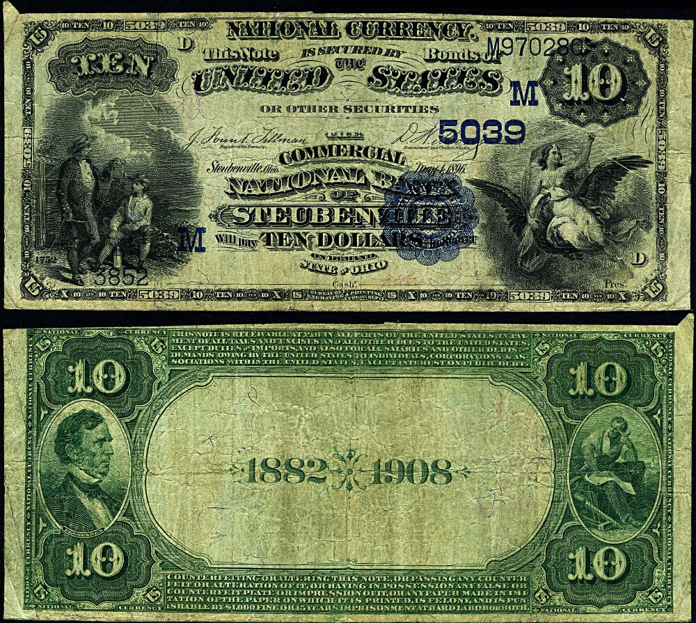 1882 DB $10 National Bank Note Commercial NB Steubenville OH Ch #5039 (1 of 3)