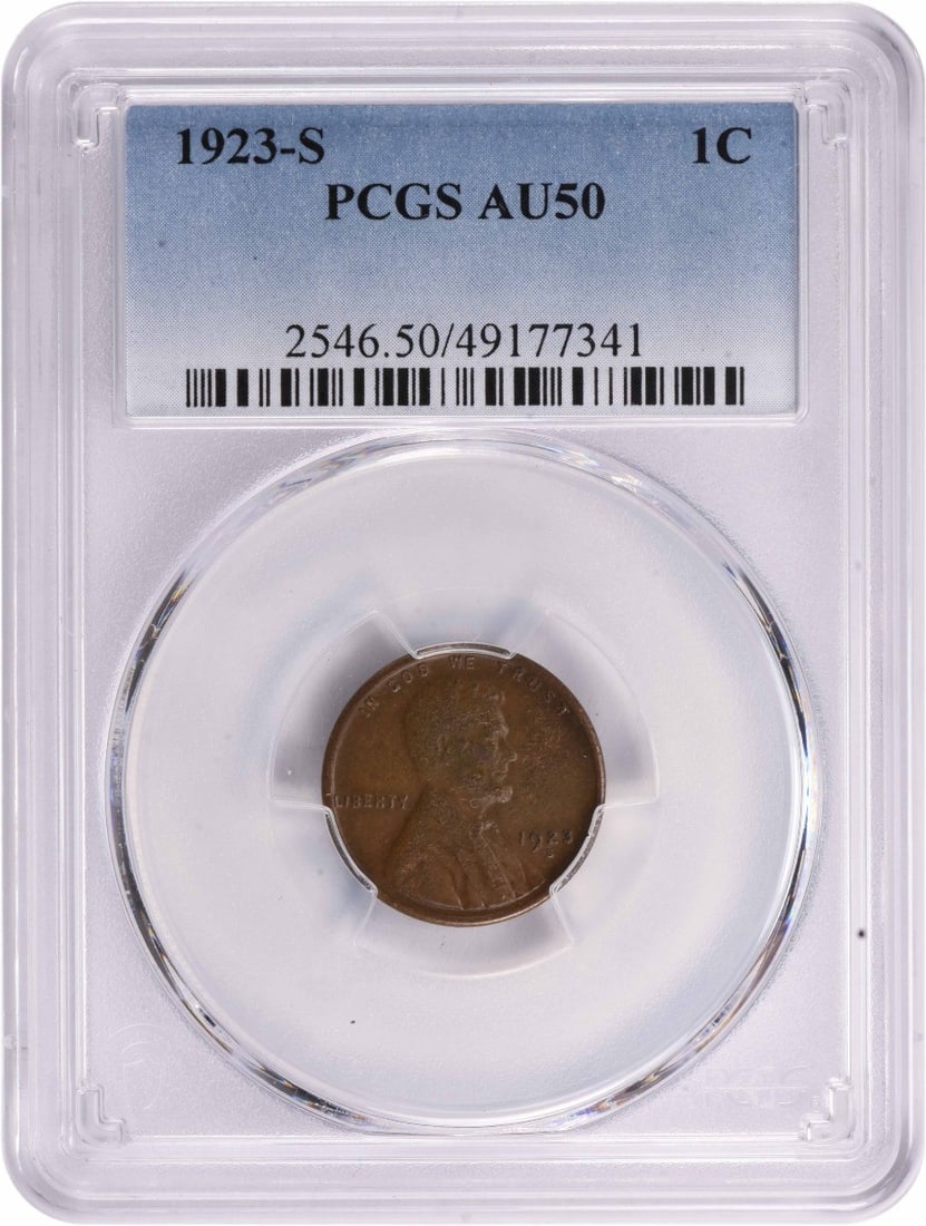 PCGS AU50 1923 S Lincoln Wheat Small Cent: PCGS AU50 1923 S Lincoln Wheat Small Cent 1923-S Lincoln Wheat small cent graded AU50 by PCGS. This pre-owned United States coin is a circulated example struck in copper. Specifications Year: 1923 Min