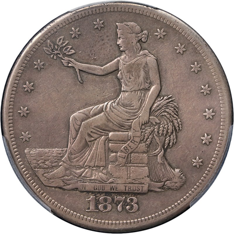 PCGS VF Details 1873-S United States Trade Dollar Silver Coin: PCGS VF Details 1873-S United States Trade Dollar Silver Coin 1873-S Trade Dollar certified by PCGS in VF Details grade. This circulated silver coin is noted for great eye appeal, a strong strike, nic