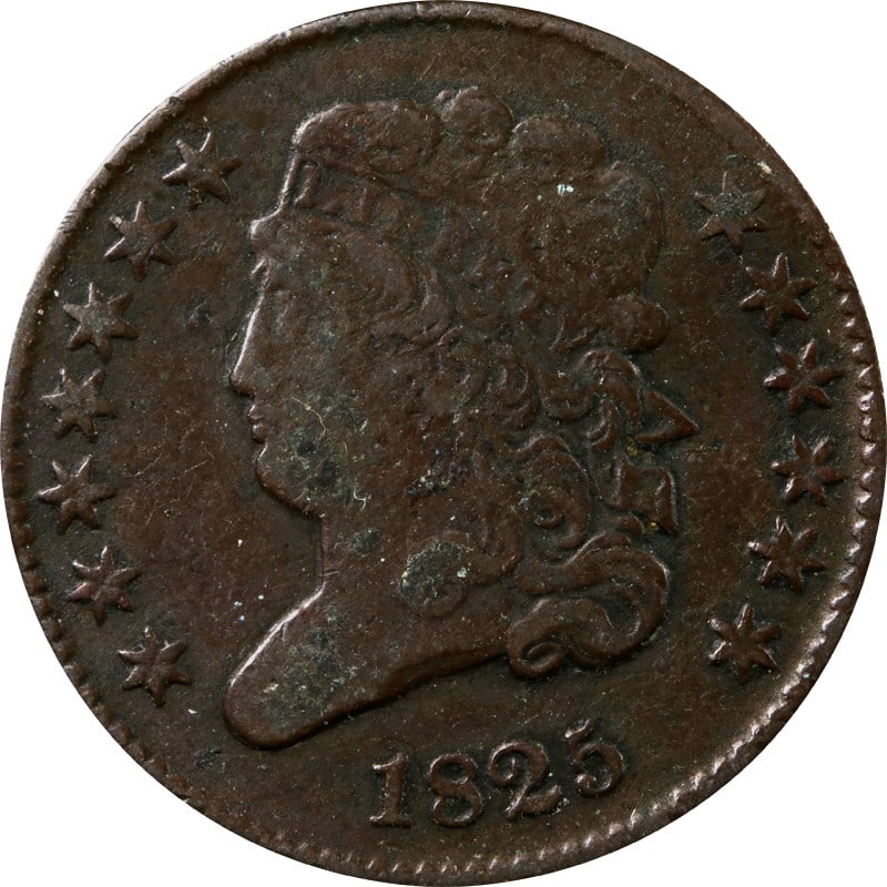 1825 United States Copper Half Cent Circulated Coin: 1825 United States Copper Half Cent Circulated Coin This 1825 Half Cent coin from the United States is composed of copper and has been circulated. It is uncertified and is offered in pre-owned conditi