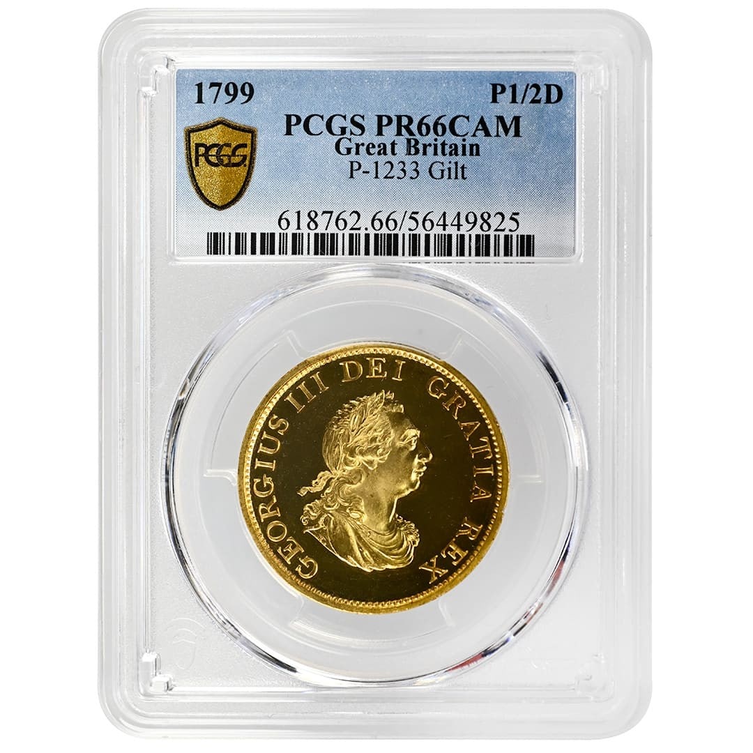 Great Britain 1799 Gilt Half Penny Pattern PCGS PR65CAM: Great Britain 1799 Gilt Half Penny Pattern PCGS PR65CAM 1799 Great Britain gilt half penny pattern graded PCGS PR65CAM Cameo. The piece is having extremely mirrored fields and strongly frosted devices