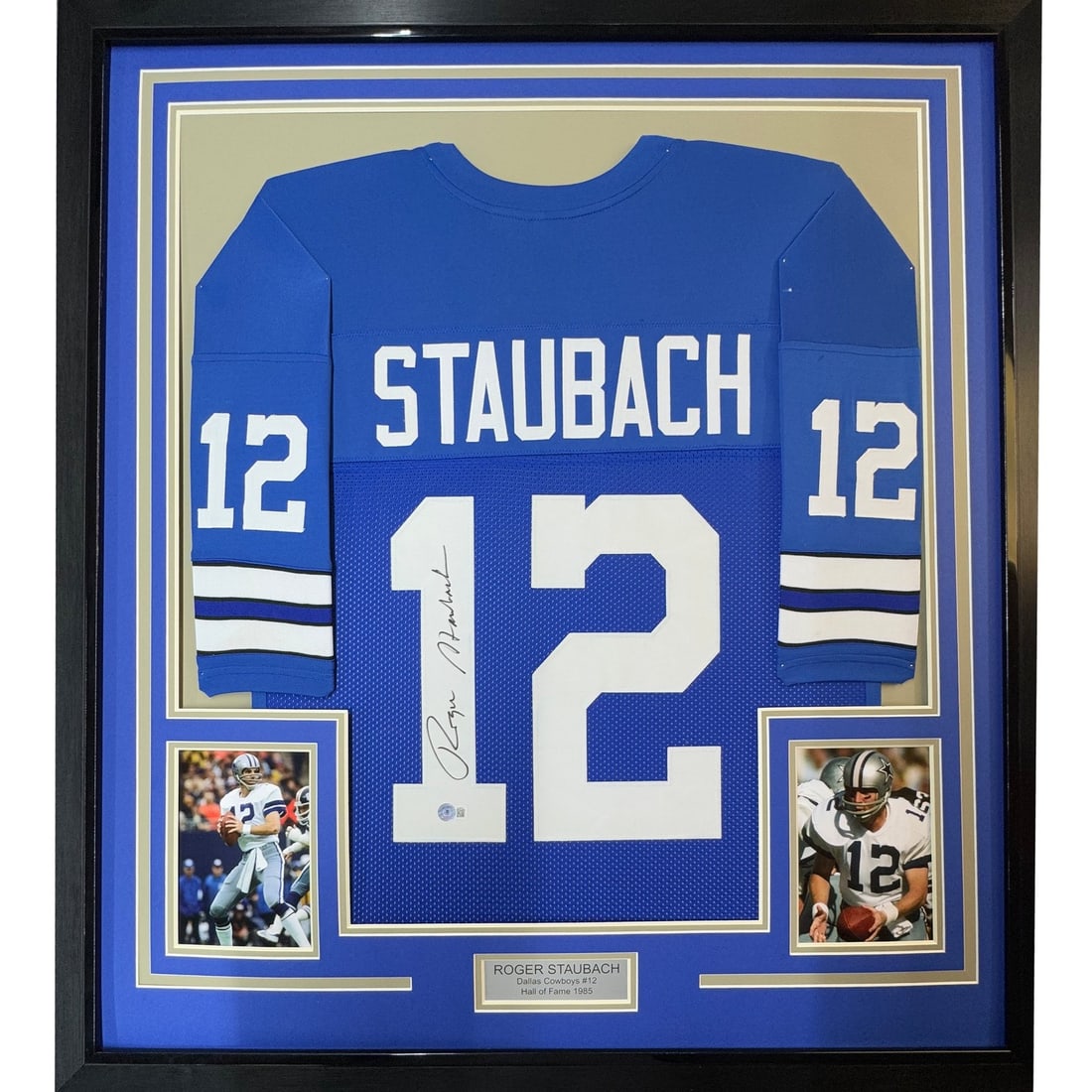 Roger Staubach signed framed Dallas Cowboys blue jersey 35x39 BAS COA (1 of 2)