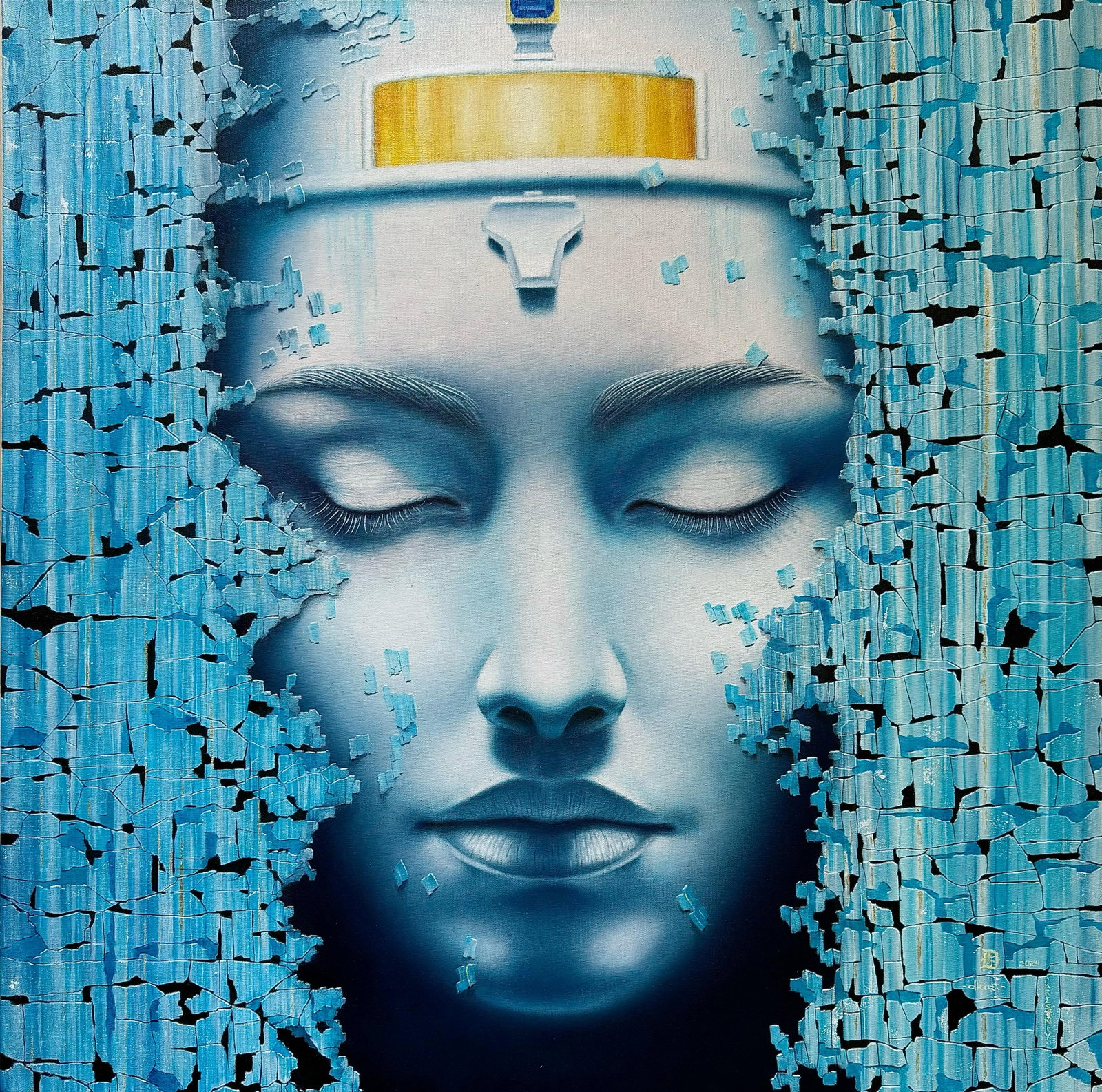 Dmitriy Krestniy Mystique n.1 Portrait Oil on Canvas 28" x 28": Dmitriy Krestniy Mystique n.1 Portrait Oil on Canvas 28" x 28" "Mystique n.1" is a 2024 portrait oil painting by Dmitriy Krestniy. Executed in a realist style on canvas, this work presents the artist'