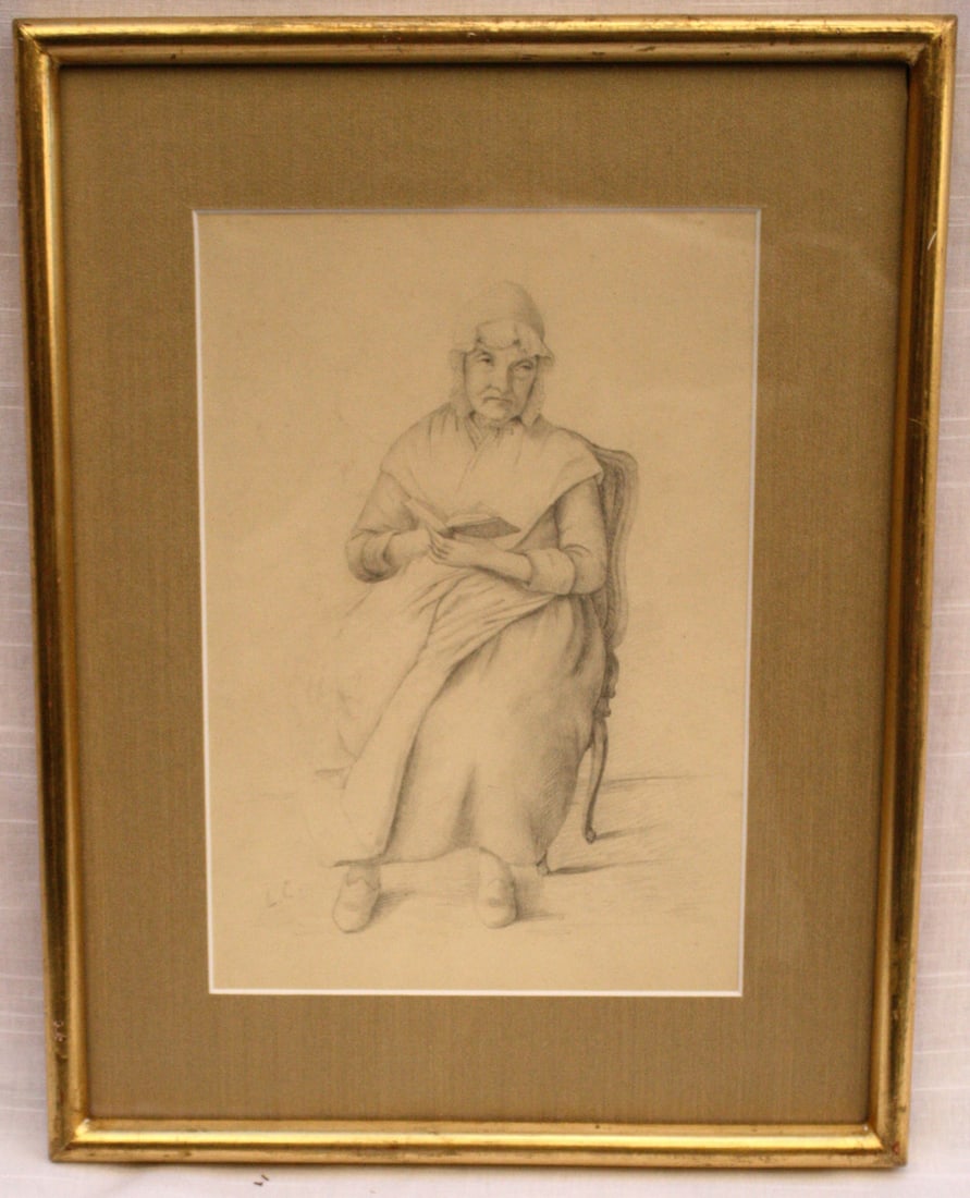 Framed French pencil drawing signed Leon Cogniet lady reading: Framed French pencil drawing signed Leon Cogniet lady reading Original 19th-century French pencil on paper drawing by listed artist Leon Cogniet, depicting a seated lady reading a book. The work is si