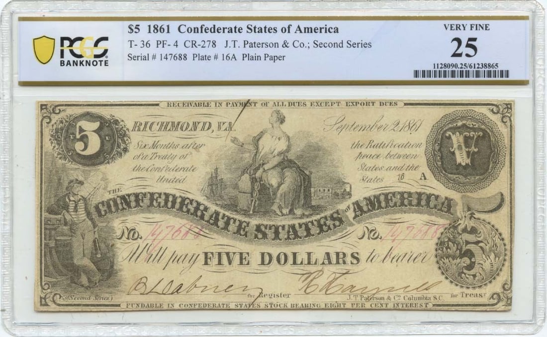 Confederate States T-36 Five Dollar 1861 PCGS VF25 Certified Banknote: Confederate States T-36 Five Dollar 1861 PCGS VF25 Certified Banknote This is an 1861 $5 Confederate States of America T-36 banknote, certified by PCGS Banknote as VF25. The note is circulated and ori