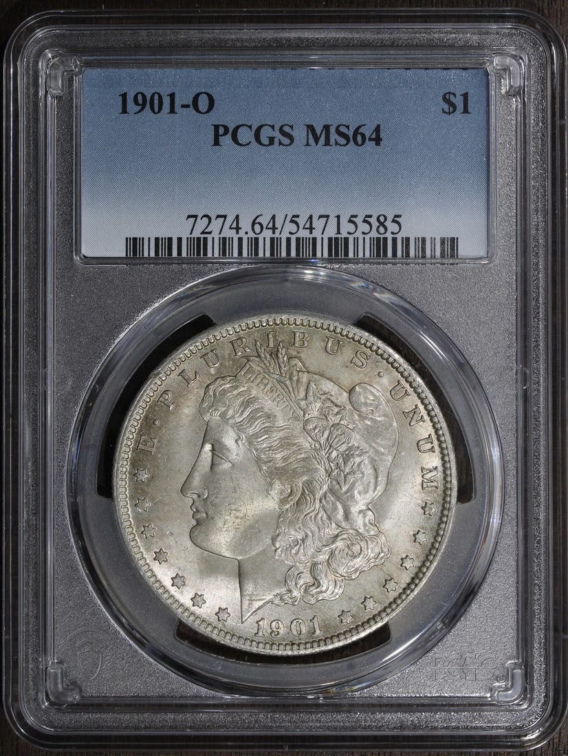 PCGS MS64 1901 O Morgan Silver Dollar $1: PCGS MS64 1901 O Morgan Silver Dollar $1 1901-O Morgan Silver Dollar graded MS64 by PCGS. This pre-owned United States $1 coin is struck in 0.9 fine silver and features the New Orleans mint mark as st