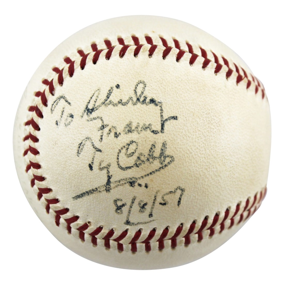 Ty Cobb signed OAL baseball inscribed To Shirley From 8/8/57 JSA authenticated (1 of 7)