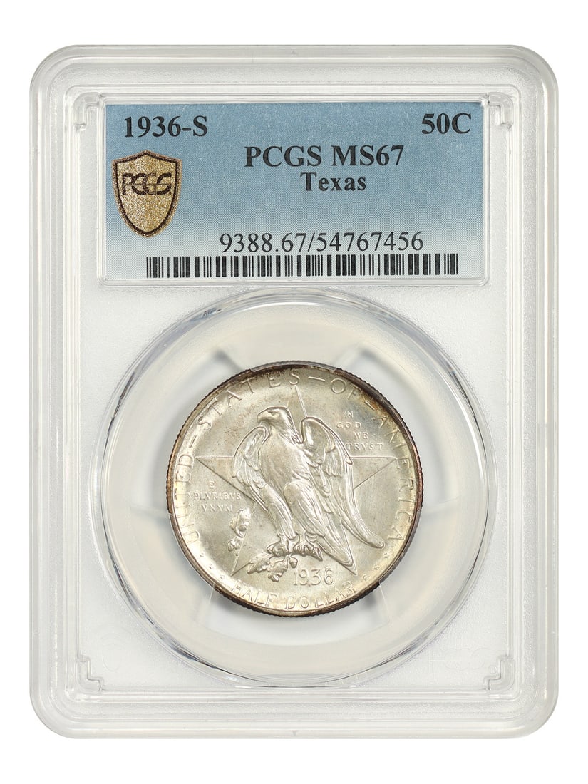 PCGS MS67 1936 S Texas Half Dollar Silver Commemorative: PCGS MS67 1936 S Texas Half Dollar Silver Commemorative 1936-S Texas Silver Commemorative half dollar graded PCGS MS67. This uncirculated classic commemorative has a low mintage of only 9,055 coins an