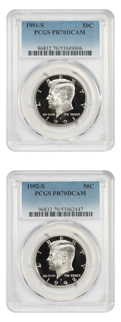 PCGS PR70DCAM Kennedy Half Dollar 1991 1992 S 2 Coins: PCGS PR70DCAM Kennedy Half Dollar 1991 1992 S 2 Coins Lot of two 1991-1992-S Kennedy Half Dollar 50C coins. These uncirculated coins are PCGS certified and listed as PR70DCAM. Pre-owned. Specification