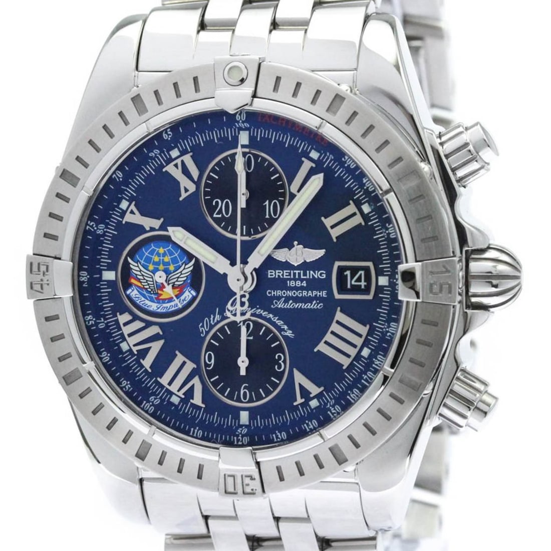 Breitling A13356 Chronomat Evolution Blue Impulse 343 of 500 Watch: Breitling A13356 Chronomat Evolution Blue Impulse 343 of 500 Watch Breitling Chronomat Evolution Blue Impulse Limited Edition wristwatch with a blue dial and automatic movement. This men's sport watch