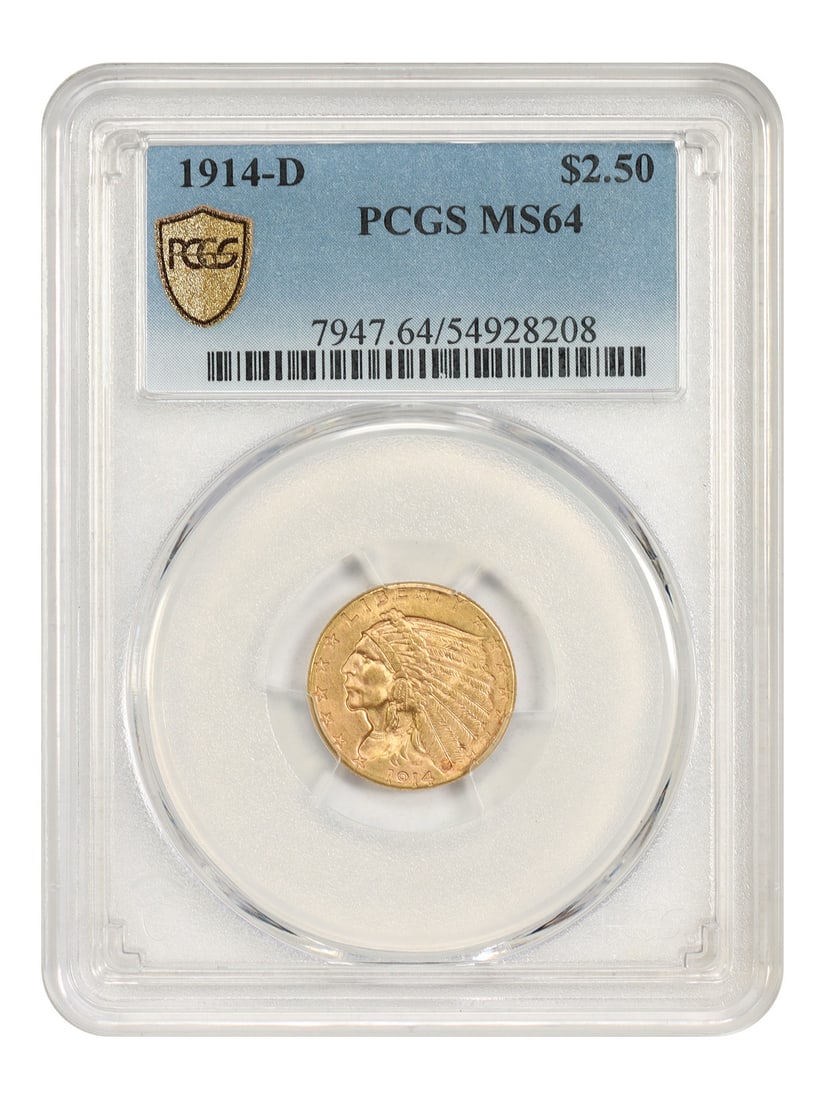 PCGS MS64 1914 D Indian Head Quarter Eagle $2.50 Gold Coin: PCGS MS64 1914 D Indian Head Quarter Eagle $2.50 Gold Coin 1914-D Indian $2.50 gold coin certified by PCGS as MS64. Despite the somewhat healthy mintage of 448,000 coins, few survived in choice MS63 o
