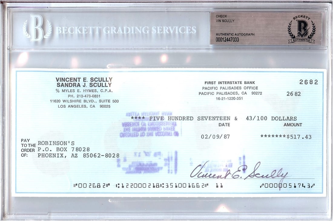 Beckett Authenticated Vin Scully Hand Signed 1987 Los Angeles Dodgers Check (1 of 1)