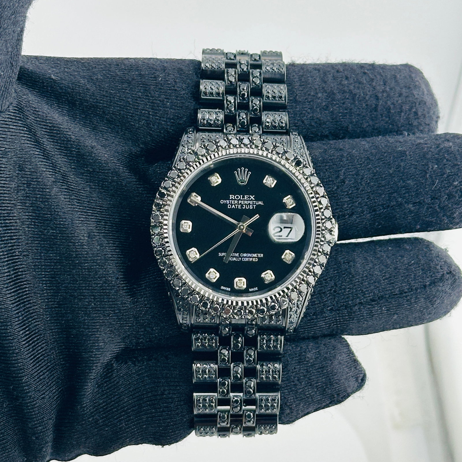 Rolex 116234 Datejust mens watch aftermarket black diamond dial: Rolex 116234 Datejust mens watch aftermarket black diamond dial Rolex Datejust reference 116234 with an Aftermarket black diamond dial, diamond and PVD coating bezel, and a Jubilee hidden clasp bracel