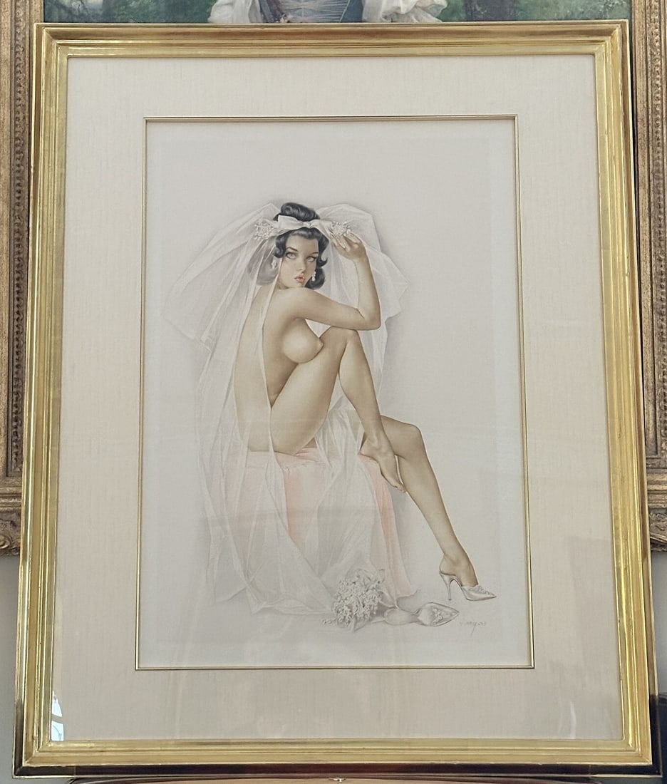 Framed Alberto Vargas watercolor painting with 22k gold leaf frame: Framed Alberto Vargas watercolor painting with 22k gold leaf frame Unique Alberto Vargas watercolor painting on board, created for Playboy magazine and presented in a 22k gold leaf frame. The work is 