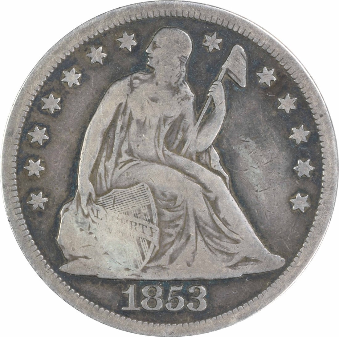 1853 Seated Liberty $1 Silver Coin F Grade Uncertified: 1853 Seated Liberty $1 Silver Coin F Grade Uncertified 1853 Liberty Seated silver dollar coin. This uncertified, circulated example is graded F and is a pre-owned piece from the United States. Specifi