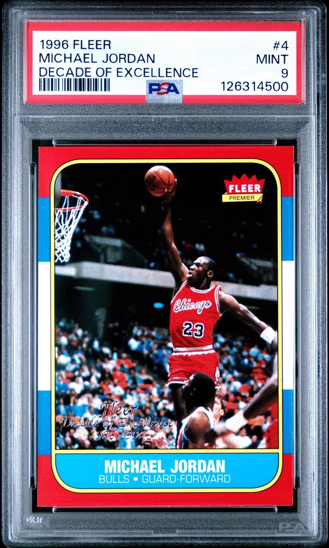 PSA 9 Michael Jordan 1996 Fleer #4 DOE rookie reprint card (1 of 2)