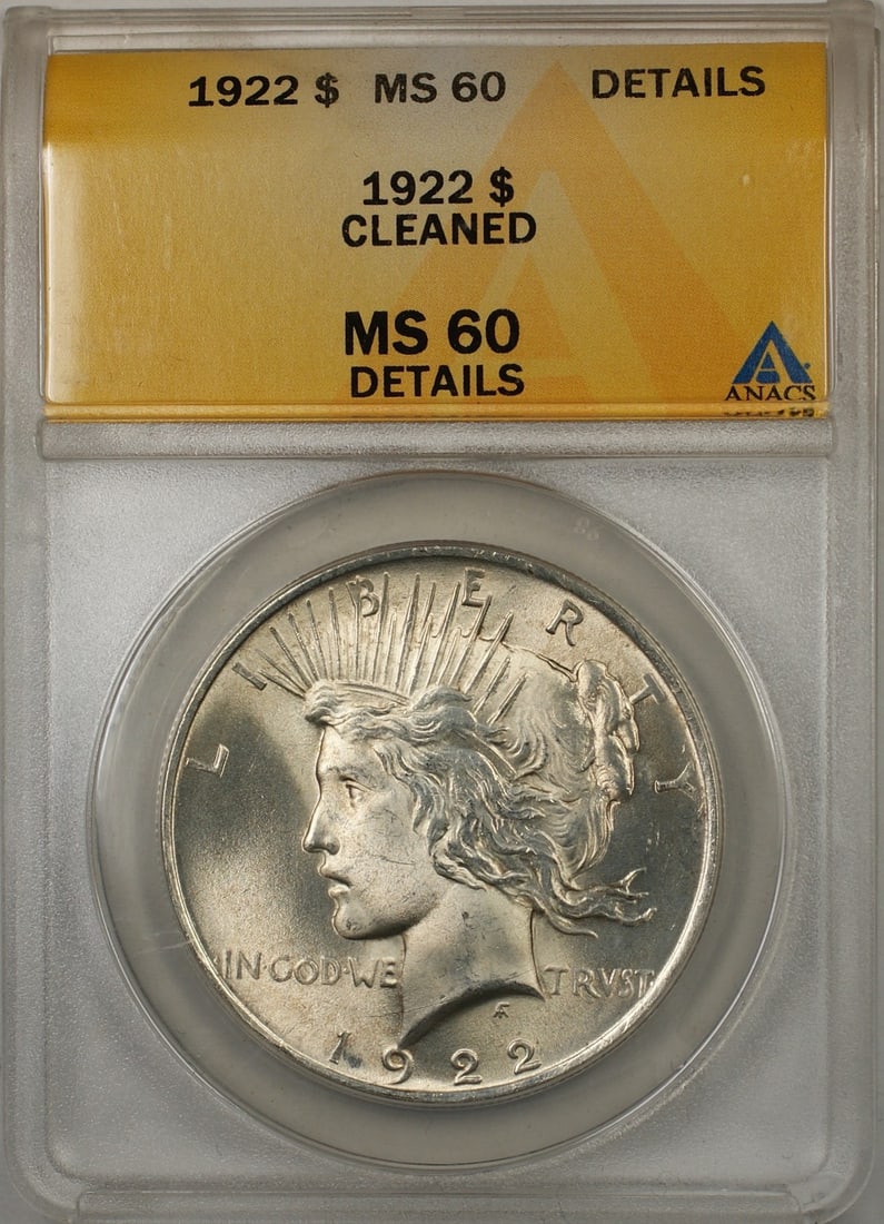 1922 Peace Dollar Silver Coin ANACS MS-60 Details Cleaned Philadelphia Mint: 1922 Peace Dollar Silver Coin ANACS MS-60 Details Cleaned Philadelphia Mint This is a 1922 Peace Silver Dollar coin from the United States, certified by ANACS with a grade of MS-60 Details. The coin h