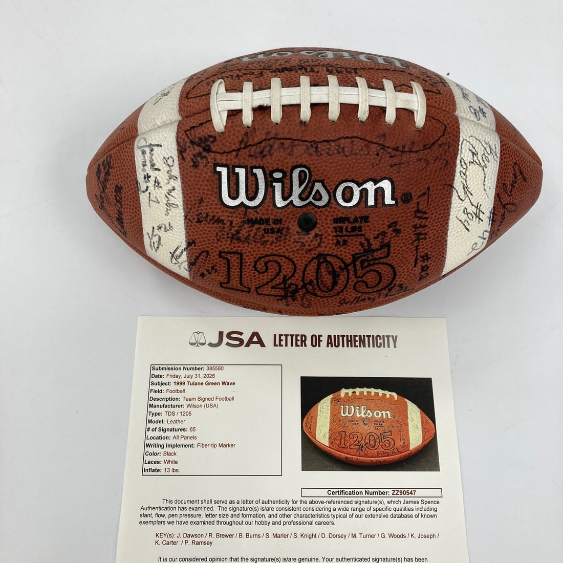 NCAA football signed by 1999 Tulane Green Wave team 65 autographs JSA: NCAA football signed by 1999 Tulane Green Wave team 65 autographs JSA Original 1999 Tulane Green Wave team-signed NCAA football featuring 65 signatures. This pre-owned football includes autographs fro