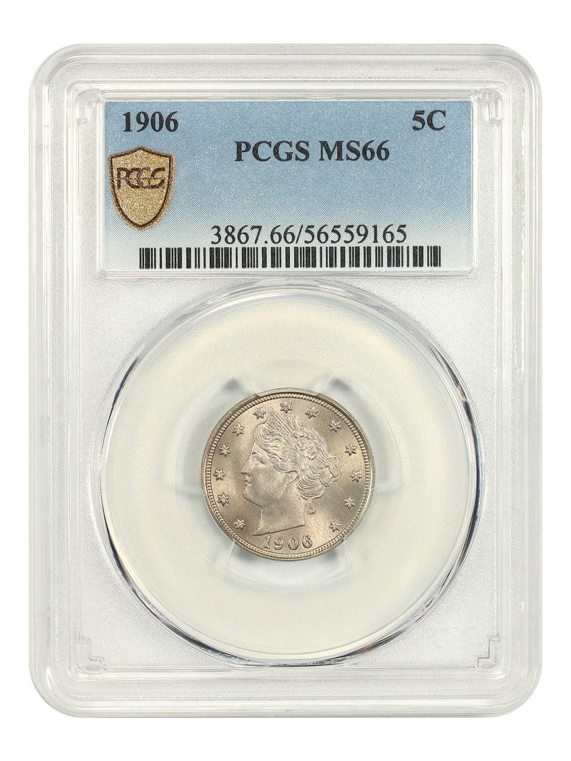 PCGS MS66 1906 Liberty Head 5C Nickel: PCGS MS66 1906 Liberty Head 5C Nickel 1906 Liberty Nickel certified by PCGS in MS66. This uncirculated example is described as scarce in higher grades, with dusty, blushed silver surfaces, tactile fro